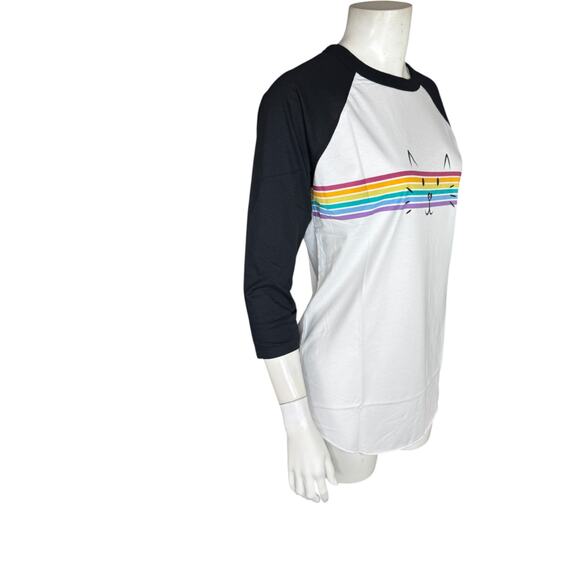 BOBS Skechers Peek A Cat Rainbow Baseball Tee Small NWOT White Black 3/4 Sleeve - Picture 8 of 14